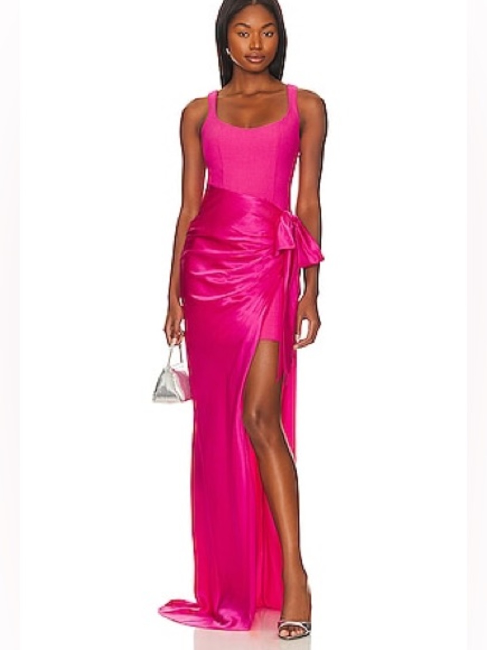 NWT- cinq a sept Marian Gown Satin Wrap Gown with Side Bow in pink dahlia